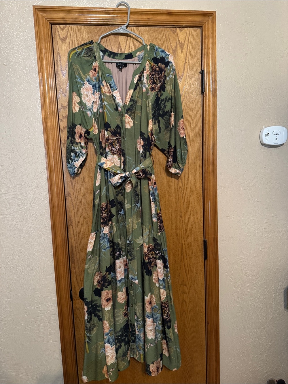 Floral Tie-Belt Maxi Dress in Olive Green